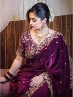 রয়্যাল জিম্মি চু ভেলভেট শাড়ি - জাম কালার